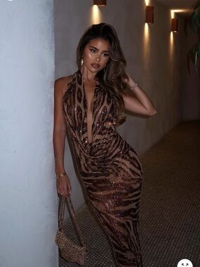 Fashion Nova Brown & Black Sequin Animal-Print Halter Maxi Dress